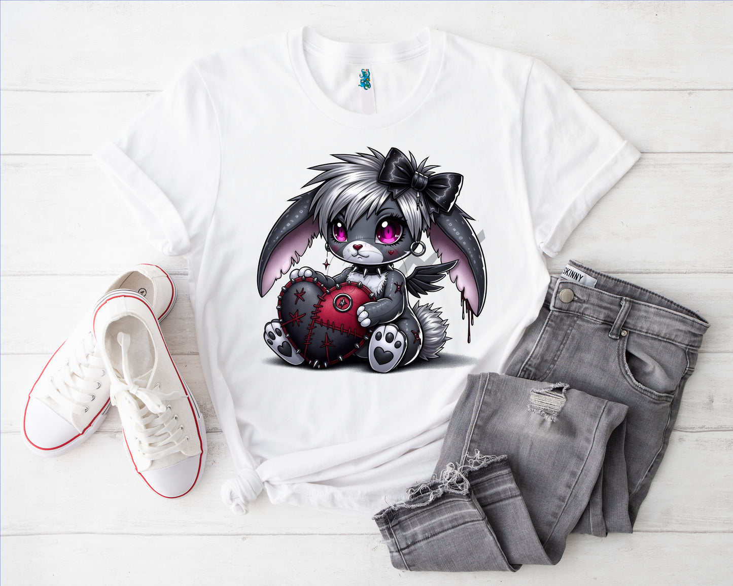 Gothic Hase Herz m Flügel Bügelbild
