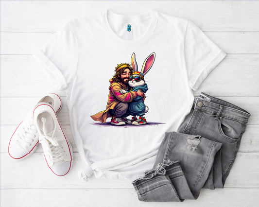 Hase Umarmung Jesus Bügelbild